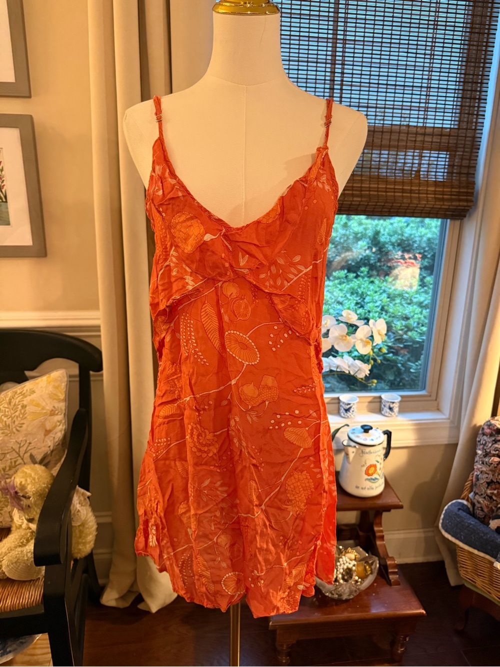 Orange Floral Slip Chemise with Adjustable Spaghetti Straps